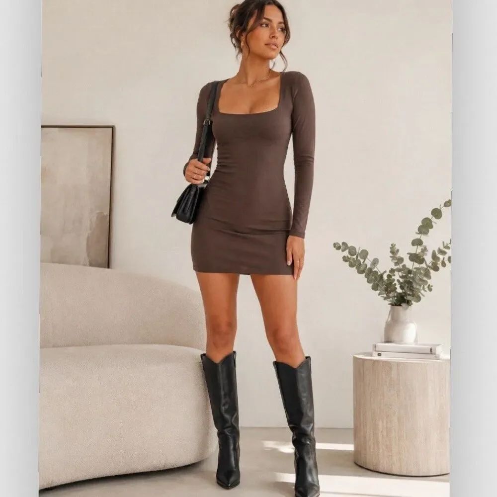 Aritzia Babaton Contour Squareneck Long Sleeve Mini Dress Brown Size S Stretch